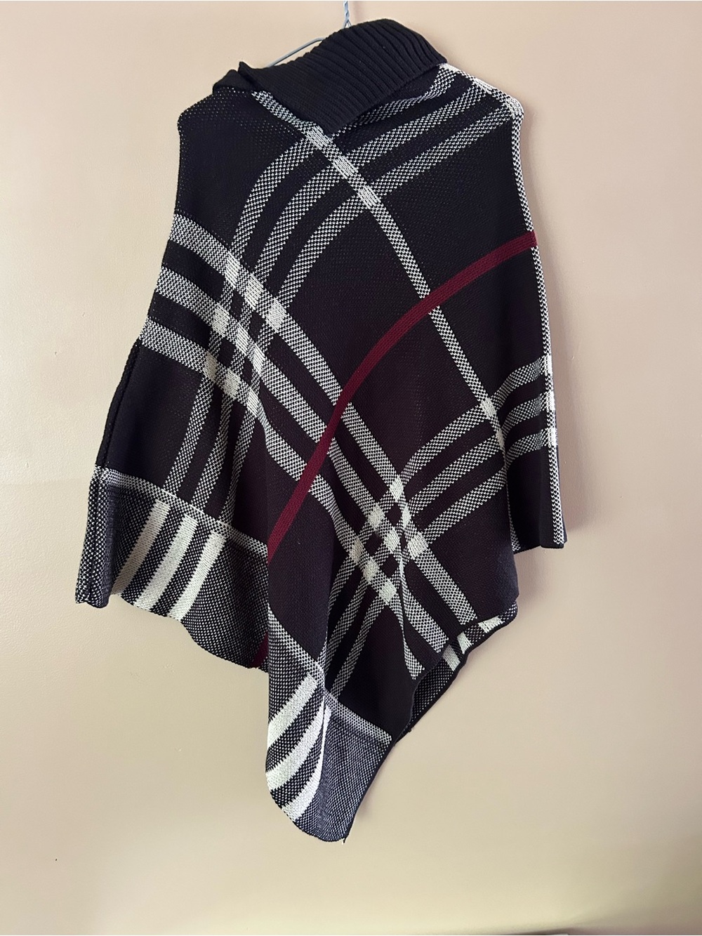 Black Plaid Knit Poncho with Burgundy Stripe